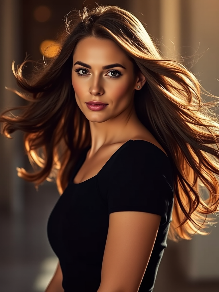 Portrait of a woman with flowing hair in a black dress, soft focus background, dramatic lighting, using a Canon EOS R5, 85mm lens, f/1.8 aperture, ISO 100, 1/200s shutter speed, shooting in RAW format.