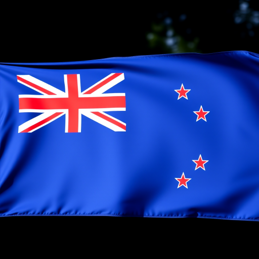 Create a high-resolution image of the New Zealand flag featuring a deep blue background with a Union Jack in the canton and four red stars on the right side, using a DSLR camera, f/8 aperture, ISO 100, shot in landscape mode, natural lighting, and a sharp focus to enhance details.