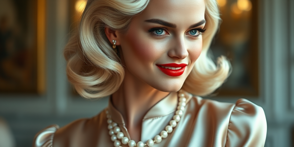A beautiful Chaldean woman reminiscent of 1950s Hollywood glamour, with perfectly styled blonde hair and a seductive smile, dressed in a satin blouse and adorned with pearls, soft and warm tones, photorealistic, 8K