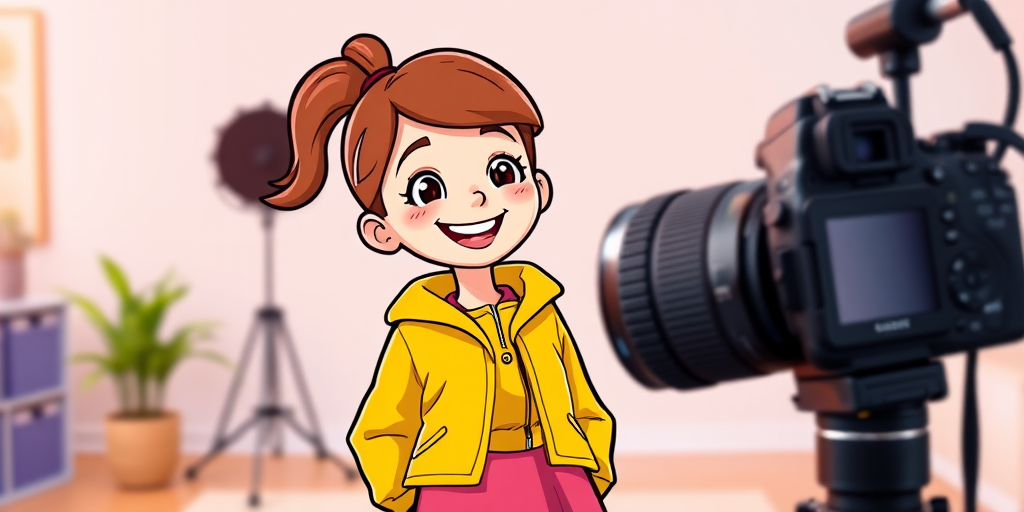 Create a vibrant cartoon-style illustration of a smiling person wearing a yellow jacket and a pink skirt, using a DSLR camera with a 50mm lens, f/2.8 aperture, and ISO 100, in a studio setting with soft lighting to enhance color saturation and clarity.