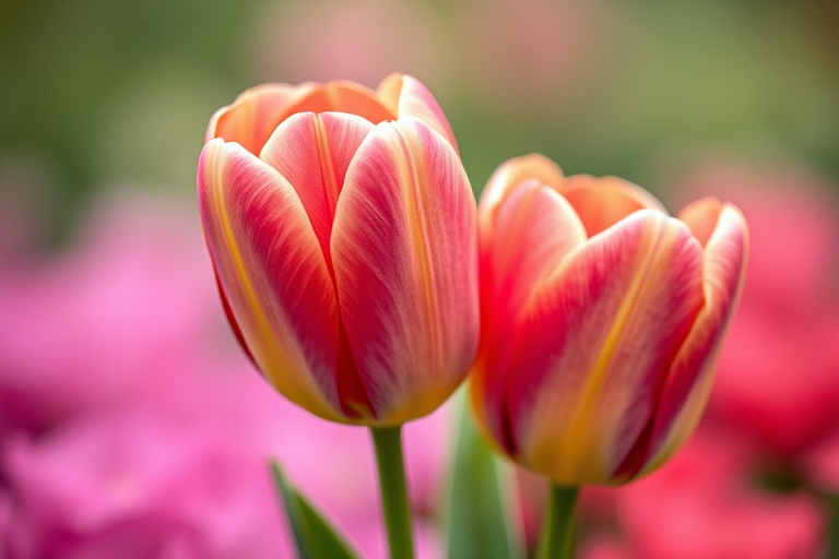 close-up of two vibrant pink and yellow tulips with a blurred green and pink background, f/2.8 aperture, 100mm macro lens, soft focus style, DSLR camera, natural light
