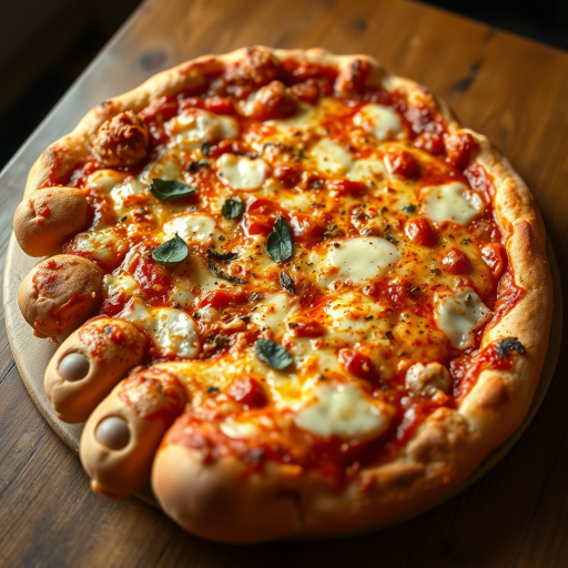 Pizza shaped like giant human foot. Golden-brown crust mimics skin texture and toenails. Tomato sauce and melted cheese cover 'sole'. Various toppings scattered realistically. Soft side lighting highlights textures. Served on rustic wooden table. Closeup view.