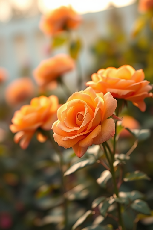 Capture a soft-focus image of blooming orange roses in a dreamy garden setting, using a Canon EOS R5 with a 50mm f/1.2 lens, aperture set to f/2.8, ISO 100, and a shutter speed of 1/200 sec, utilizing natural soft backlighting for an ethereal effect.
