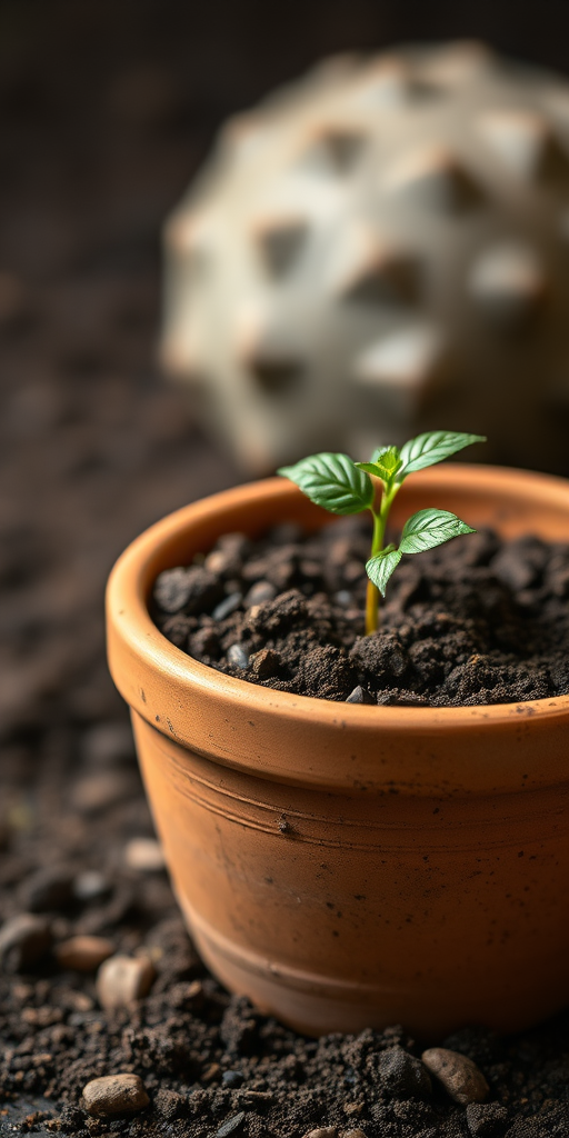 regenerate a high-resolution image of a simple terracotta pot filled with soil, captured with a Canon EOS 5D Mark IV, 50mm lens, f/2.8 aperture, ISO 100, natural lighting, shallow depth of field, from a slightly elevated angle for depth and texture enhancement