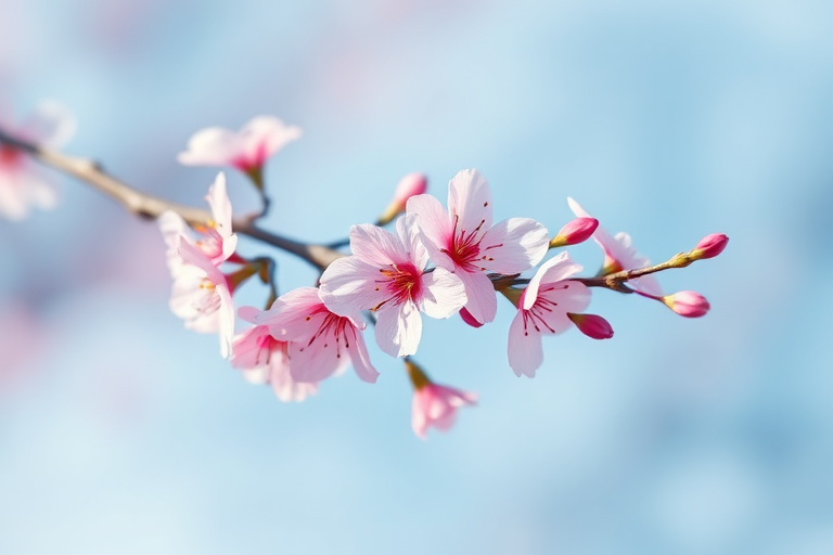 Create an image of pink cherry blossoms on a branch against a soft blue watercolor background with a shallow depth of field, using a DSLR camera with a 50mm lens at f/2.8, ISO 100, and a slight vignette effect for enhanced focus on the flowers.