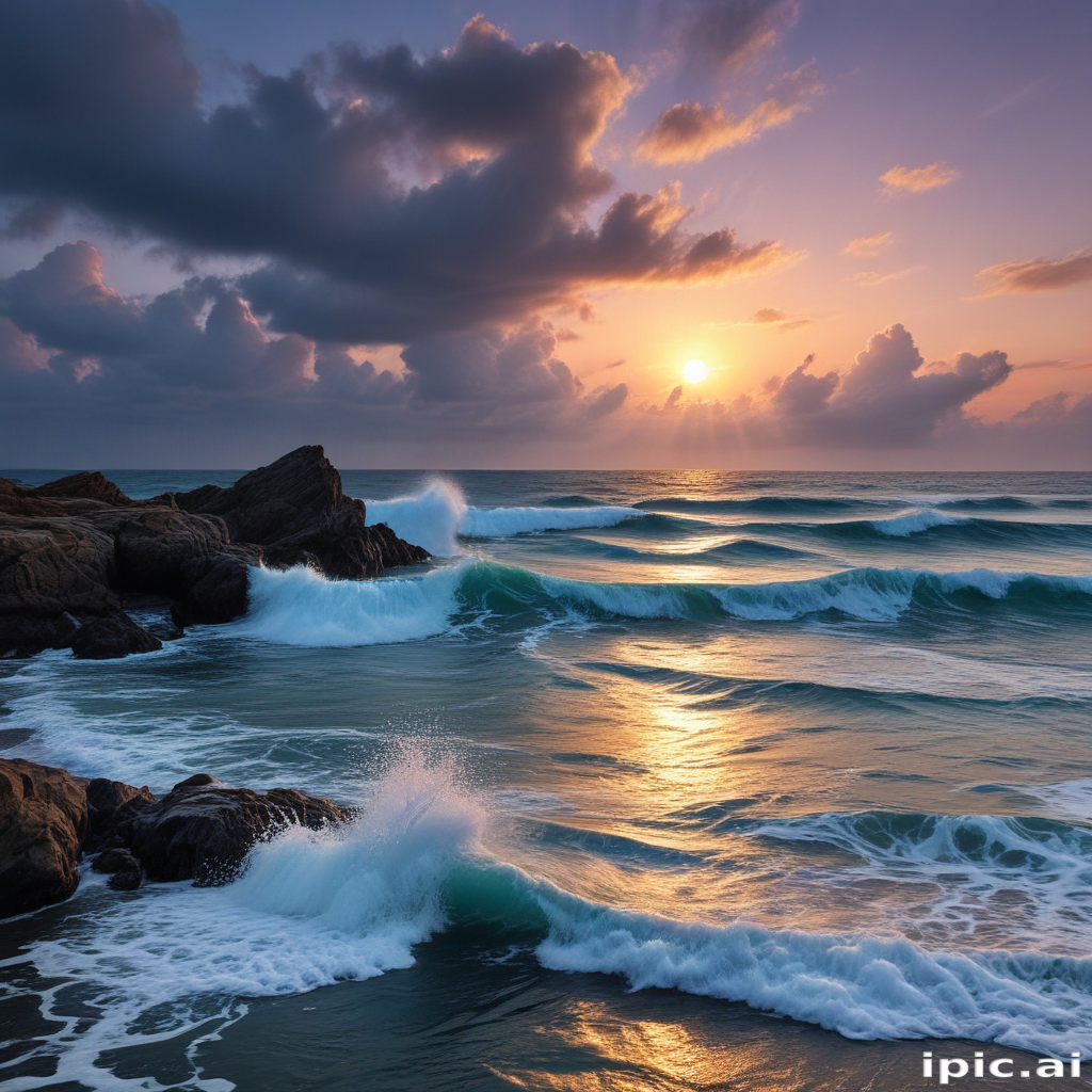 Serene Sunset Over Waves Crashing Against Rocky Shoreline at Dusk