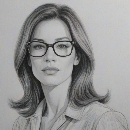 Elegant Brooke Langton, pencil sketch, portrait of Alluring woman 1968s in glasses, hair style beatnik, outline, clear lines, fine lines, 8k