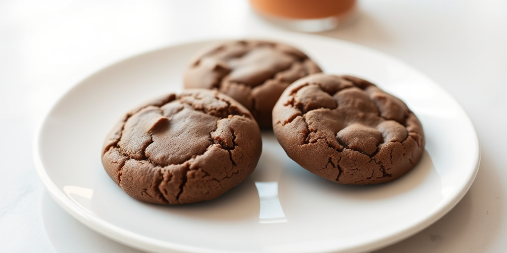 Generate a high-resolution image of three round chocolate cookies on a white plate, taken with a DSLR camera at f/2.8, 50mm lens, in soft natural lighting, with a shallow depth of field to highlight the cookies.