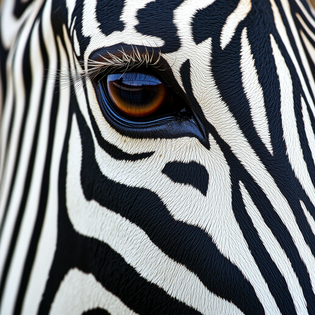 Close-up of a zebra’s face, focusing on its eye. The zebra’s distinctive black and white stripes are prominent, with its large brown eye showing detailed lashes and a slight reflection. The texture of the zebra’s skin and fur is visible, creating a sharp contrast between the dark and light stripes.