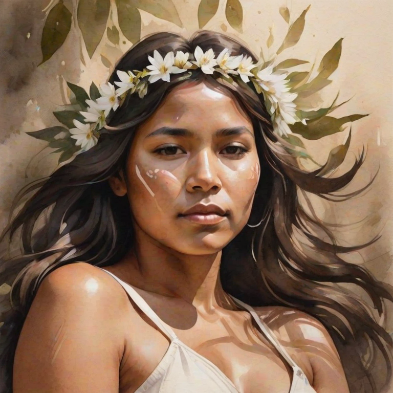 create a watercolor painting of an ethereal portrait of beautiful First Nations woman with a simple white flower crown on her head. Her hair is long and she is lying on the ground. The sunlight on the trees casts shadows from the leaves on her face and body. The background is a neutral brown color that matches her skin tone. The image is minimalist and solid colors. This style is characterized by soft, delicate brushstrokes and a light, airy, contrasting color palette. High level of detail and play of light