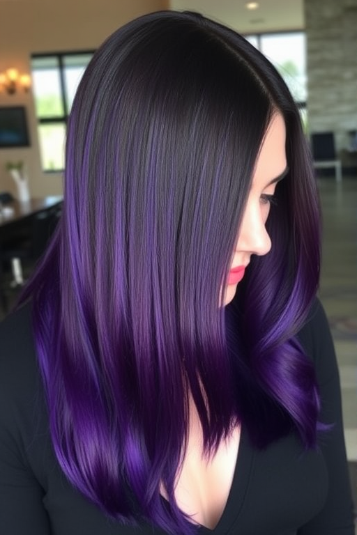 Regal deep purple to indigo ombre flows from dark roots to jewel-toned ends, styled in sleek straight strands with a glass-like shine