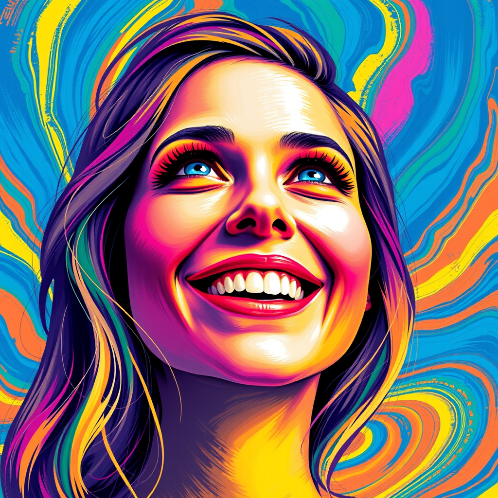 Generate a psychedelic portrait of a woman's happy face with brushstrokes of a woman smiling and looking up at the sky, emphasizing bright and bold colors. The dominant color should be deep blue, with swirling patterns of yellow, green, pink, purple and orange. open blue eyes with long eyelashes, apply an orange-yellow eyeshadow for a mesmerizing effect.