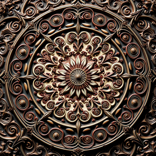 Create a highly detailed circular design featuring intricate swirling patterns and symmetrical shapes, shot with a Canon EOS R5, 50mm lens, f/1.8 aperture, ISO 100, natural soft lighting to enhance the texture and depth of the image.