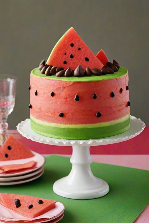 Create a visually appealing cake designed to resemble a watermelon, featuring layers of red, pink, yellow, and green frosting. Add small dark chocolate drops to mimic watermelon seeds and place the cake on a decorative white cake stand with a ribbon around the base. Ensure the background is simple and clean to highlight the cake's vibrant colors.