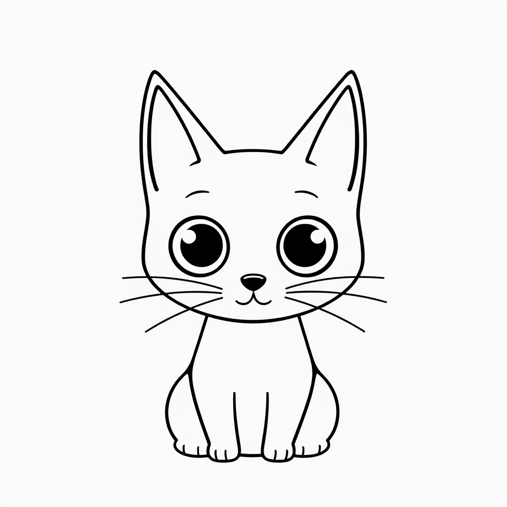 Create a black and white minimalist illustration of a cat. The cat should have large, round eyes and a simplistic, cartoonish style. Its ears should be tall and pointed, and its whiskers should be simple lines extending from its face. The background should be plain white to emphasize the cat's silhouette.