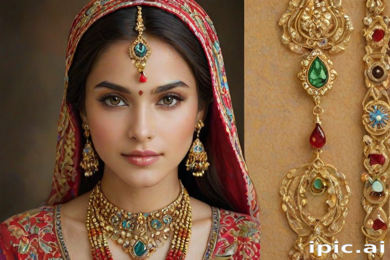 Create a portrait of a beautiful woman with striking hazel eyes and a gentle expression. She is adorned in traditional attire with intricate patterns, including a richly embroidered headscarf and matching garments. Her jewelry includes a delicate headpiece, dangling earrings, and ornate bracelets, all featuring vibrant gemstones and detailed metalwork. The background is soft and warm, enhancing the rich colors of her outfit and jewelry.