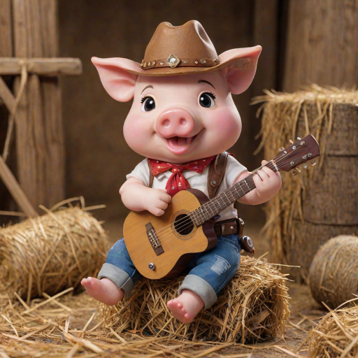 A chibi pig, dressed as a cowboy, playing guitar, sitting on a hay bale