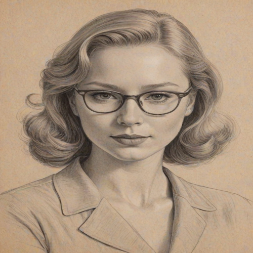 Beauteous Molly C. Quinn, pencil sketch, portrait of Splendid woman 1949s in glasses, hair style beatnik, outline, clear lines, fine lines, 8k