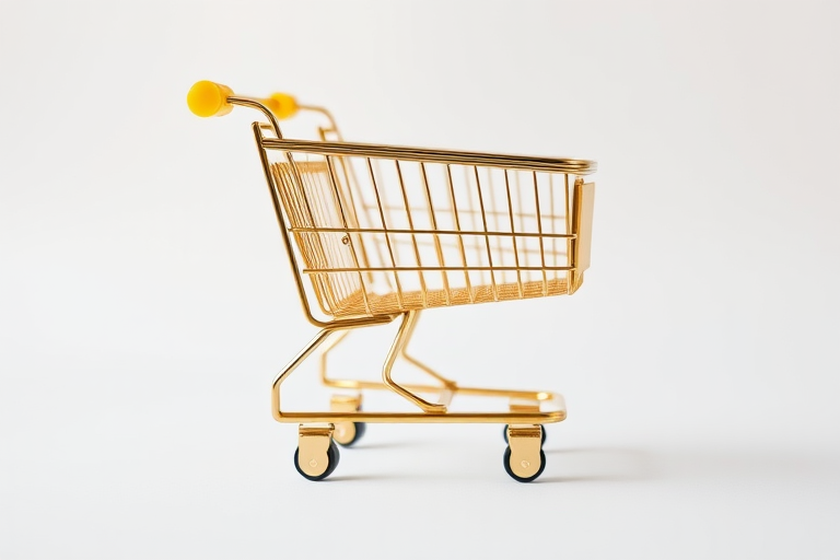 golden shopping cart on a white background, soft focus, studio lighting, 50mm lens, f/2.8 aperture, ISO 200, DSLR camera, side view
