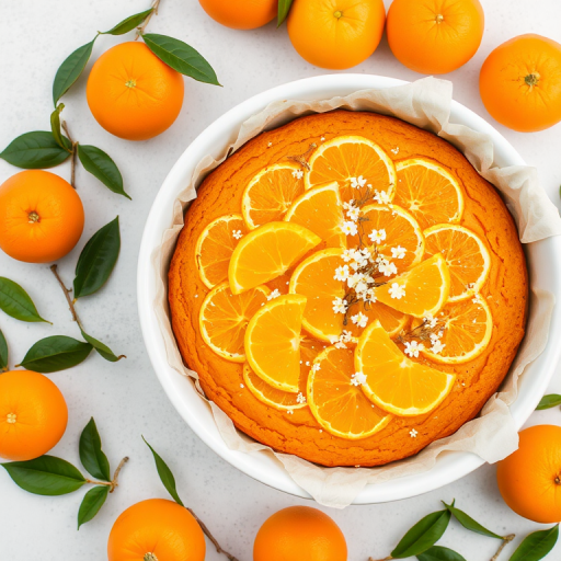 A round orange cake topped with orange slices and small white flowers in a white baking dish lined with parchment paper surrounded by fresh oranges and green leaves on a light textured surface.