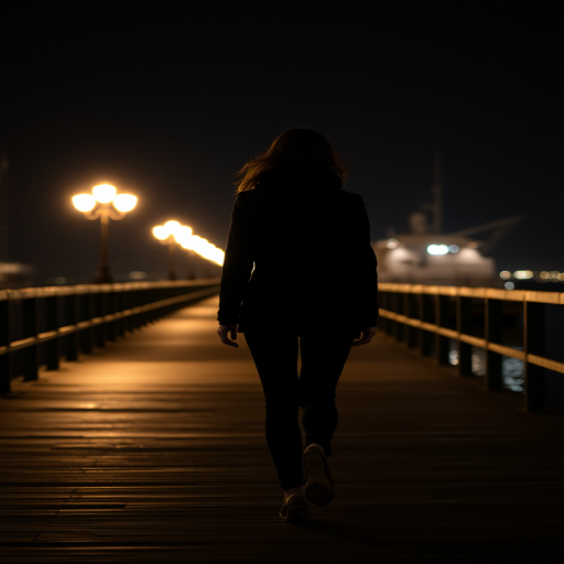Woman walking along a pier at night, the soft glow of lamplight reflecting off the water, her footsteps echoing as she takes in the peaceful surroundings.