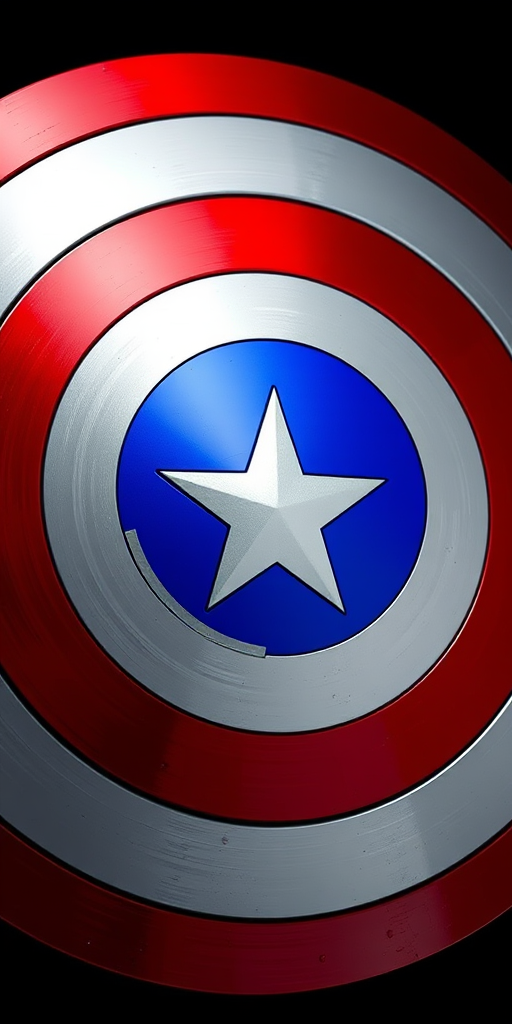 Create a vibrant image of a circular shield with a red and white concentric design featuring a blue star in the center, using a Canon EOS R5 camera with a 50mm f/1.8 lens, ISO 100, aperture f/8, and a focus on even lighting and sharp details in a 3D rendering style.
