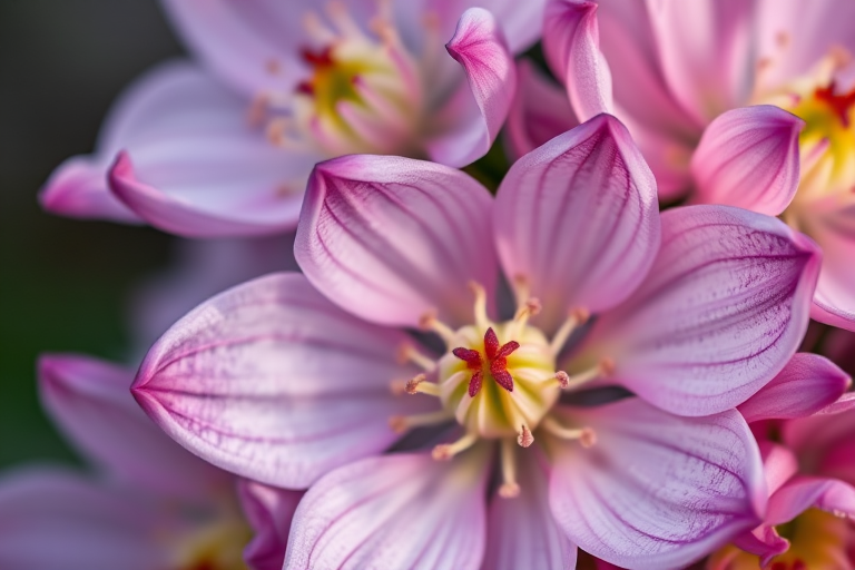 Close-up shot of unique flowers with intricate petals, taken with a DSLR camera, aperture f/2.8, shutter speed 1/500s, ISO 100, natural light, shallow depth of field, macro lens.