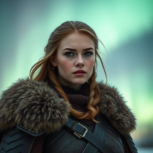 portrait of a warrior woman in fur-lined armor against a vibrant aurora borealis background, softly lit, 85mm lens, f/1.8 aperture, ISO 200, natural light, shallow depth of field, full-frame DSLR camera