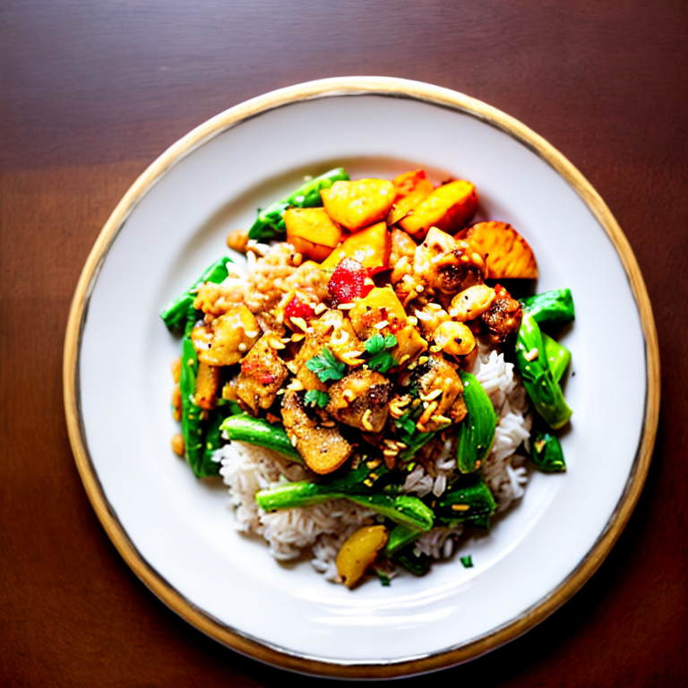 a plate of rice in a wood's table