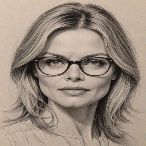 Beauteous Michelle Pfeiffer, pencil sketch, portrait of Fascinating woman 1962s in glasses, hair style beatnik, outline, clear lines, fine lines, 8k