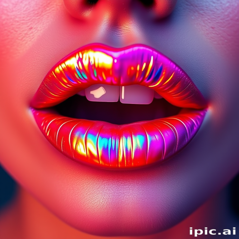 Dazzling holographic lips shift colors with every movement, creating a mesmerizing rainbow effect that captivates viewers and pushes the boundaries of lip artistry