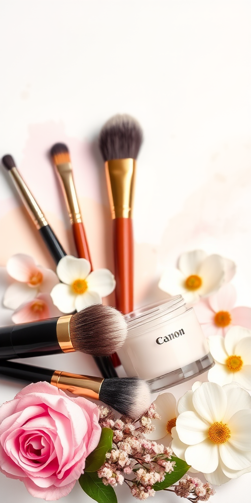 high-resolution image of a beauty composition featuring makeup brushes, a cream jar, and floral accents, with a soft watercolor splash background, taken with a Canon EOS R5, 50mm lens, f/1.8 aperture, ISO 100, shot in natural light for enhanced softness and detail