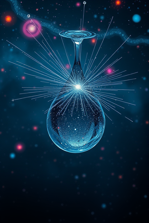 Create a surreal digital artwork featuring a large, glistening water droplet suspended in the cosmos with colorful cosmic elements and light trails emanating from a central point, captured with a Canon EOS R5, 24mm lens, f/8 aperture, ISO 100, shooting from a wide-angle perspective to enhance depth and clarity.