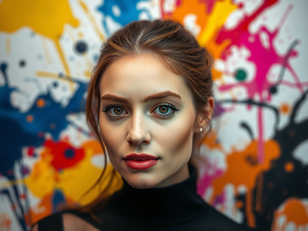 Create a vibrant portrait of a woman with abstract paint splashes in the background, using a Canon EOS R5 with a 50mm lens, aperture f/1.8, ISO 100, and soft diffused lighting for a high-quality art style.