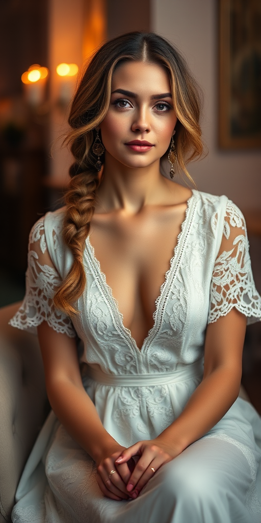 Create a portrait of a refined and elegant woman seated in a sophisticated setting. She has long, wavy hair styled in two thick braids that are pulled over her shoulders. She wears a white, lace gown with intricate patterns, featuring a deep V-neckline and short sleeves. The dress exudes a vintage charm with its delicate lacework. She is adorned with ornate, dangling earrings that add a touch of glamour to her appearance. The background is softly lit, with warm, ambient lighting that creates a cozy and inviting atmosphere. Her expression is poised and serene, capturing a sense of grace and elegance.