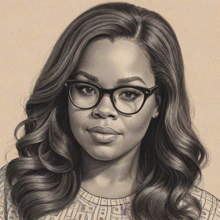 Exquisite Amber Riley, pencil sketch, portrait of Ravishing woman 1968s in glasses, hair style beatnik, outline, clear lines, fine lines, 8k