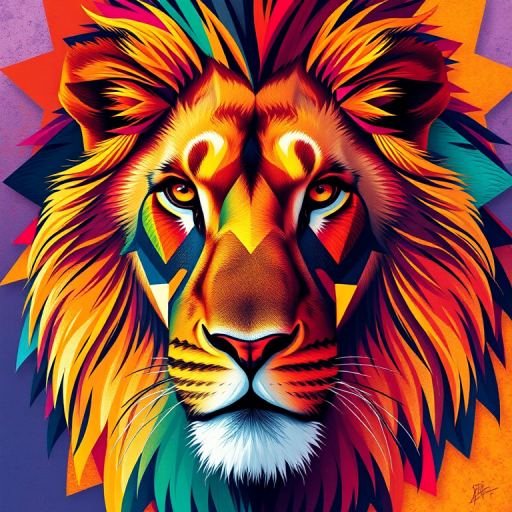 Create a vibrant and artistic illustration of a lion, showcasing bold colors and abstract geometric shapes, captured with a Canon EOS R5 using a 50mm f/1.2 lens, f/2.8 aperture, ISO 100, 1/500 sec shutter speed, in soft natural light from the side for enhanced texture.