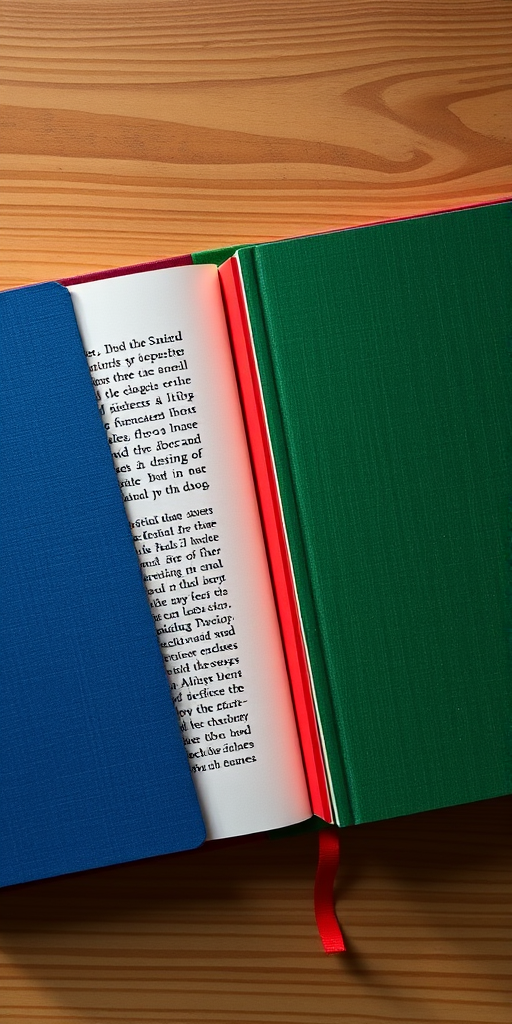 Create an image of an open book with a blue cover on the left, a red spine in the center, and a green cover on the right, using a DSLR camera with a 50mm lens, aperture f/2.8, shutter speed 1/100s, ISO 100, overhead shot, natural light, high resolution.