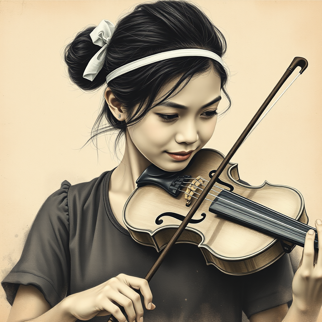 a young Singaporean woman with a white headband playing a violin, in the style of a charcoal drawing, sepia grunge background
