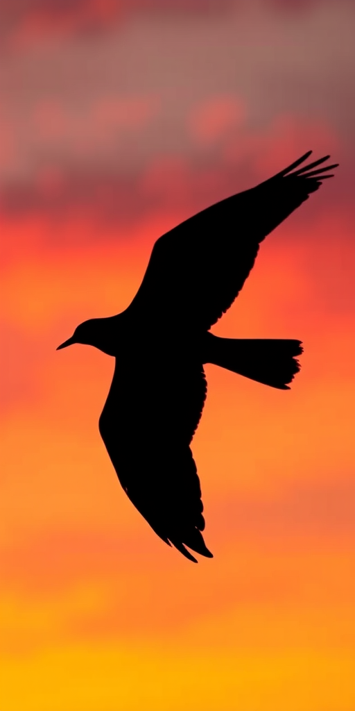 Generate a high-quality image featuring a stylized black silhouette of a bird in flight, captured with a Canon EOS R5 at f/8 aperture, ISO 100, 1/250s shutter speed, using a wide-angle lens from a low angle perspective to emphasize the bird against a vibrant sunset sky.