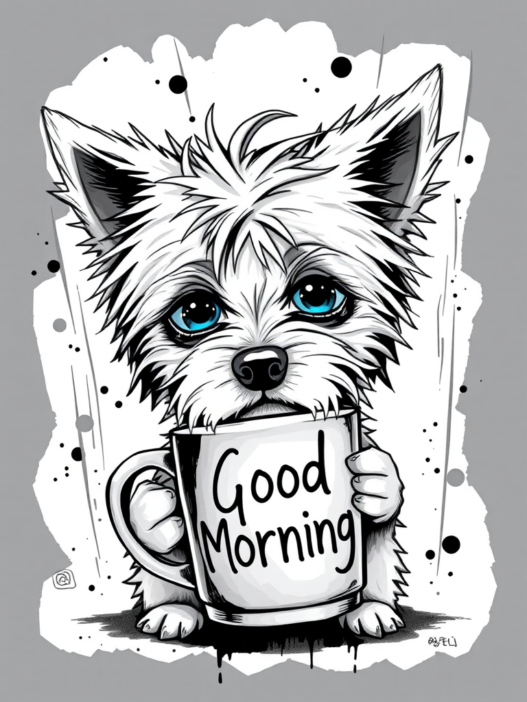 A quirky, artistic illustration of a disheveled chinaranian dog breed with exaggerated, large eyes and spiky fur, holding a coffee mug that reads "Good Morning". The dog has a tired but humorous expression, with ink splatters and abstract details surrounding it, giving a whimsical feel to the image. The color palette is mostly monochrome with hints of blue in the eyes and steam rising from the mug, enhancing the overall sleepy vibe