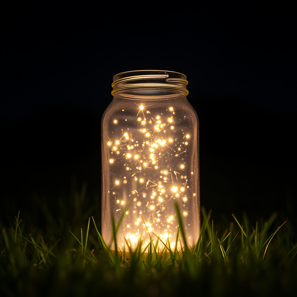 Create a glowing jar filled with fireflies in a dark night sky, surrounded by soft grass, using a DSLR camera with a 50mm lens, f/1.8 aperture, ISO 200, and a long exposure of 10 seconds for enhanced light capture and detail.