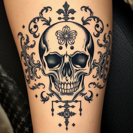 Vintage etching style tattoo named "Memento Mori" featuring intricate crosshatching and stippling techniques to create a hauntingly detailed skull surrounded by baroque flourishes and vanitas symbols meticulous line work mimics the appearance of a centuries-old engraving brought to life on skin