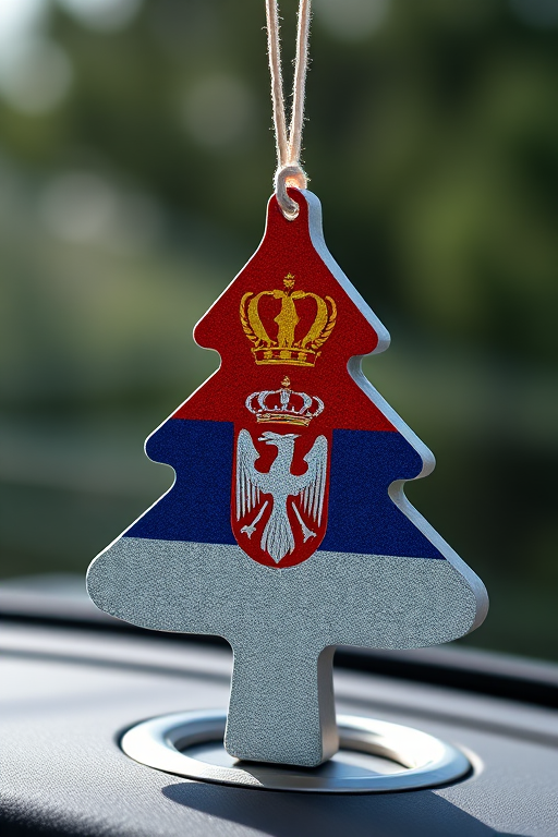 Create an image of an air freshener shaped like a pine tree with the Serbian flag design featuring the national coat of arms at the center, captured with a DSLR camera, 50mm lens, f/2.8 aperture, ISO 100, in natural light, focus on the vibrant colors and details of the emblem.