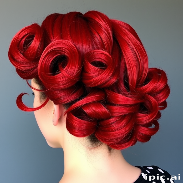 Rockabilly-inspired hair style revealing victory rolls and pin curls in a vibrant cherry red hue with subtle black lowlights