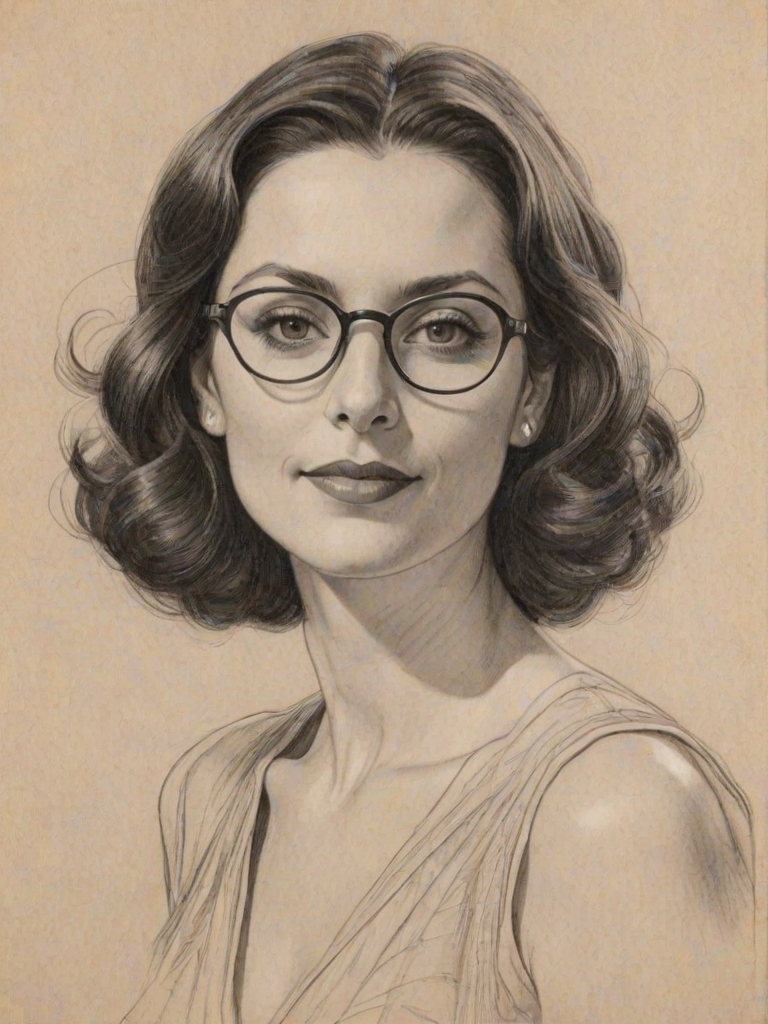 Stunning Beth Dover, pencil sketch, portrait of Sublime woman 1932s in glasses, hair style beatnik, outline, clear lines, fine lines, 8k