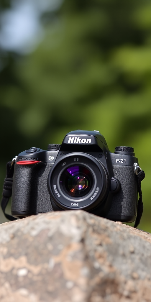 Nikon camera resting on a stone with a blurred green background, shallow depth of field, f/2.8 aperture, 50mm lens, 1/200s shutter speed, taken in natural light, macro photography style, DSLR type.