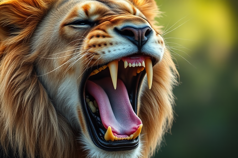 a close-up shot of a roaring lion, 85mm lens, f/1.8 aperture, ISO 200, natural light, shallow depth of field, DSLR camera, vivid colors, high contrast, detailed fur texture