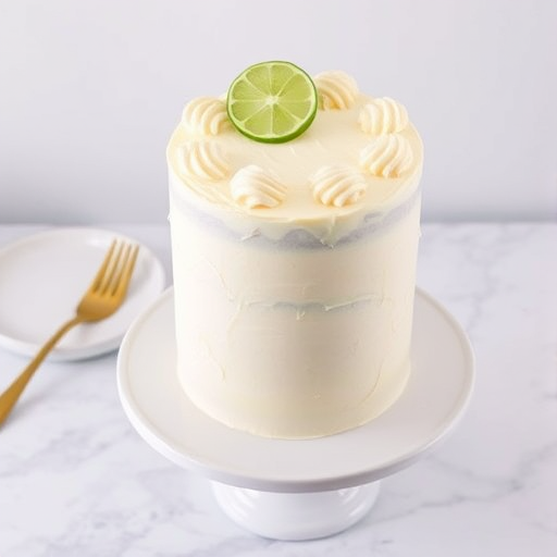 A tall cake with a smooth cream frosting topped with decorative swirls and a slice of lime on top displayed on a white cake stand with a gold fork and a plate in the background on a marble surface.