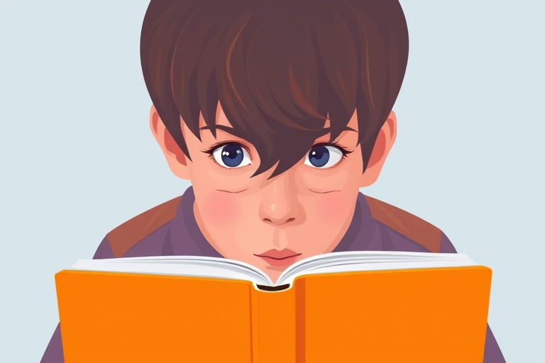 A young person peering over an orange book with a puzzled expression, minimalist background with soft blue tones, flat design illustration, shot with a digital camera at f/2.8, ISO 100, 50mm lens, top-down view, vibrant colors.